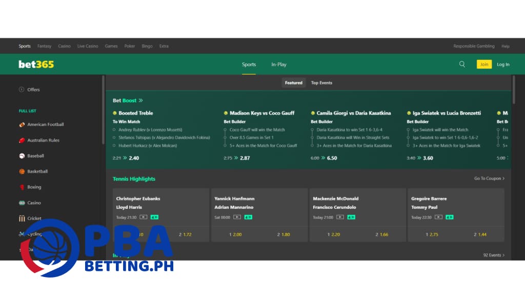 Sports betting options at Bet365
